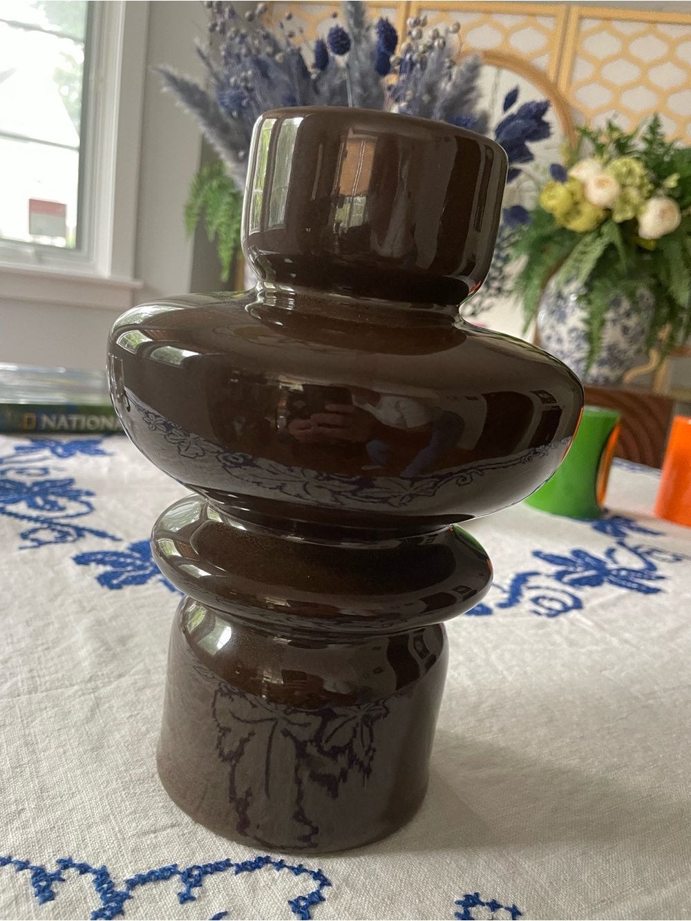 Glossy Brown Ceramic Sculptural Vase